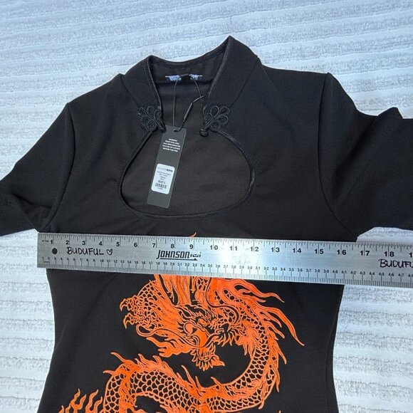 Fashion Nova Women's Mini Bodycon Dress Large Puff Of Fire Dragon Cutout Black - Picture 7 of 8